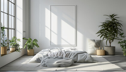 Sleek hotel room with open layout with empty frame