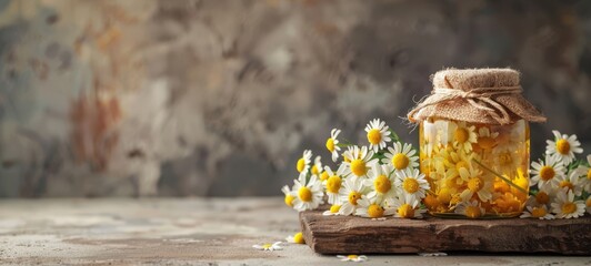 Chamomile herb extract in jars on table free space for text photography. Natural fresh Chamomile. Photo texture. Horizontal banner.