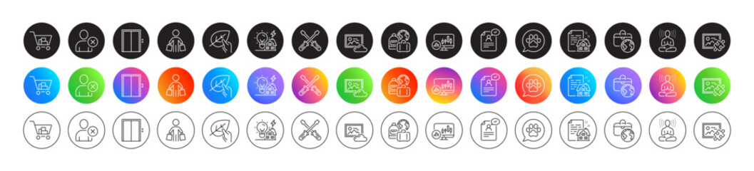 Fototapeta premium Resume document, Lease contract and Candlestick chart line icons. Round icon gradient buttons. Pack of Delete user, Screwdriverl, Buyer icon. Internet shopping, Photo cloud, Yoga pictogram. Vector