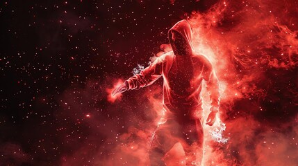 Fototapeta premium Burning Man in Red: A Fiery Dance in the Cosmic Dust