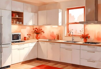 Fototapeta premium Watercolor modern and minimalist kitchen interior design illustration