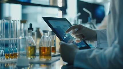 People teamwork or scientists on tablet for test tube results life extension or antiaging medicine in laboratory Assistant vial or biologists with chemistry research liquid or science  : Generative AI