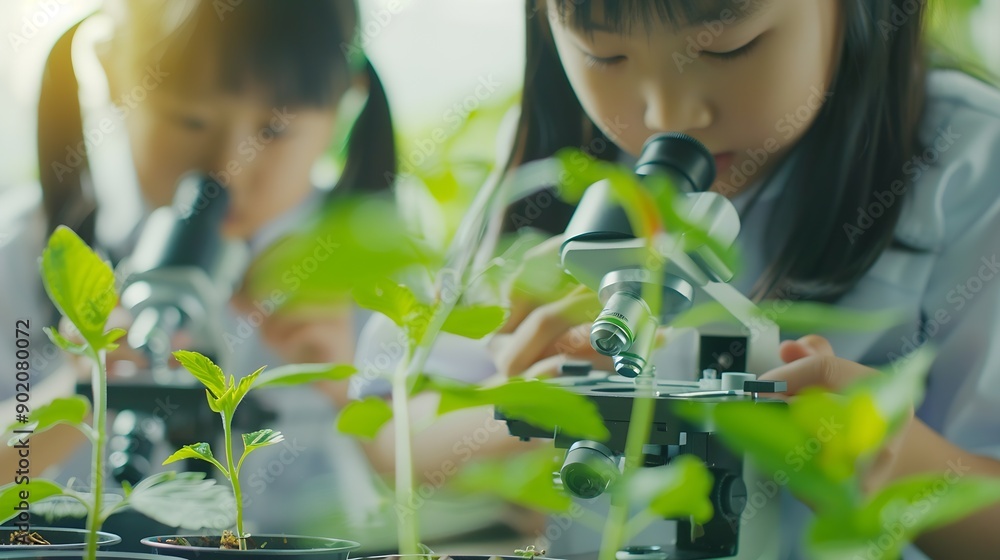 Aufkleber Learning students and children in classroom for microscope teacher and science for experiment of plants Container sample and observation of nature growth and development of kids with e : Generative AI