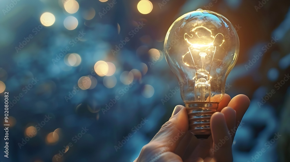 Poster online education course or elearning technology conceptman holding light bulb on virtual screen trai