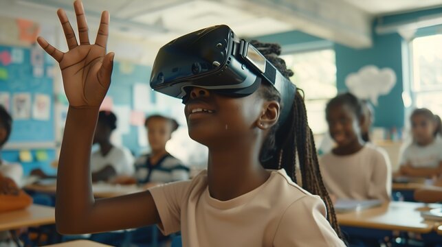 Biracial girl with VR headset raises hand in a classroom at school surrounded by peers Students explore virtual reality integrating technology with education : Generative AI