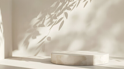 Blank cream white cement curve counter podium with texture, soft beautiful dappled sunlight, leaf shadow on white wall for luxury organic cosmetic, skincare, beauty treatment product background 