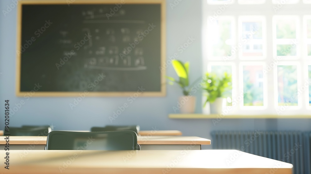 Aufkleber blur background of interior design of empty classroom with blackboard empty classroom with desk chai