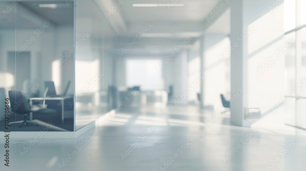 Poster abstract blurred image of modern open space office with white interior concept full furniture for ba