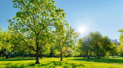 Obraz premium deciduous trees in the park on a sunny day trees growing in the park in spring : Generative AI