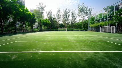 Futsal court in a public outdoor park with artificial turf : Generative AI