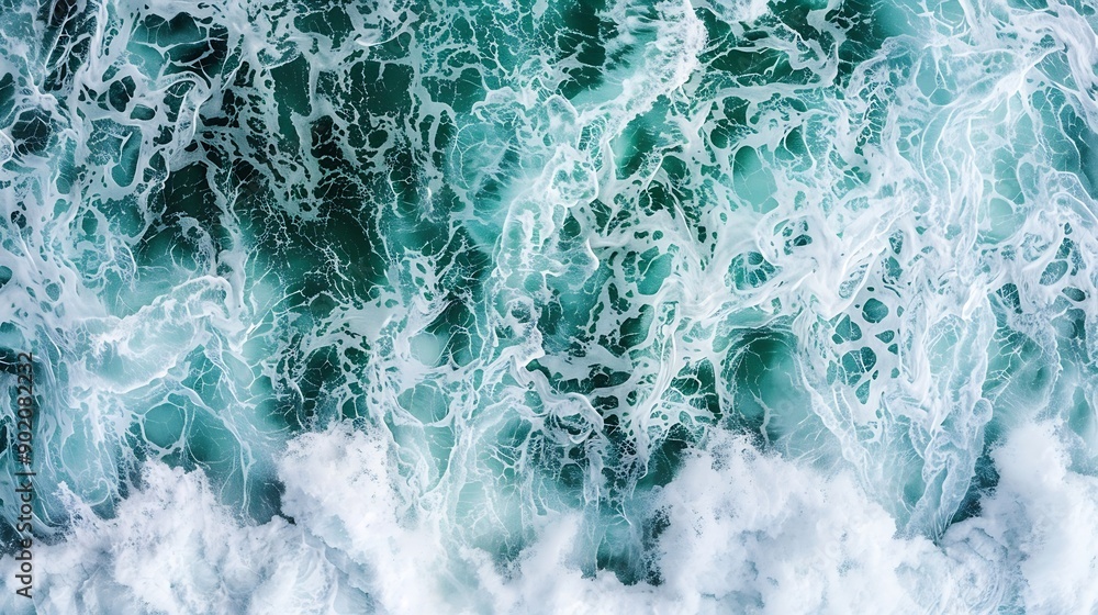 Poster overhead view turquoise stormy ocean waves with white foam in the oceansea water with splashes and f