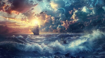 Sailing into the Cosmic Dawn: A Ship's Journey Through Celestial Seas
