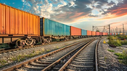Fototapeta premium Train wagons carrying cargo containers for shipping companies Distribution and freight transportation using railroads Shipping import Export : Generative AI