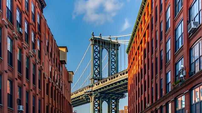 View of the Manhattan Bridge in between two New York City apartment buildings : Generative AI