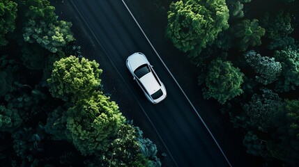 Top view of a white electric car driving  dark green forest road which is an elevated road that surrounds natural forest Concept of using electric cars to protect the environment and t : Generative AI