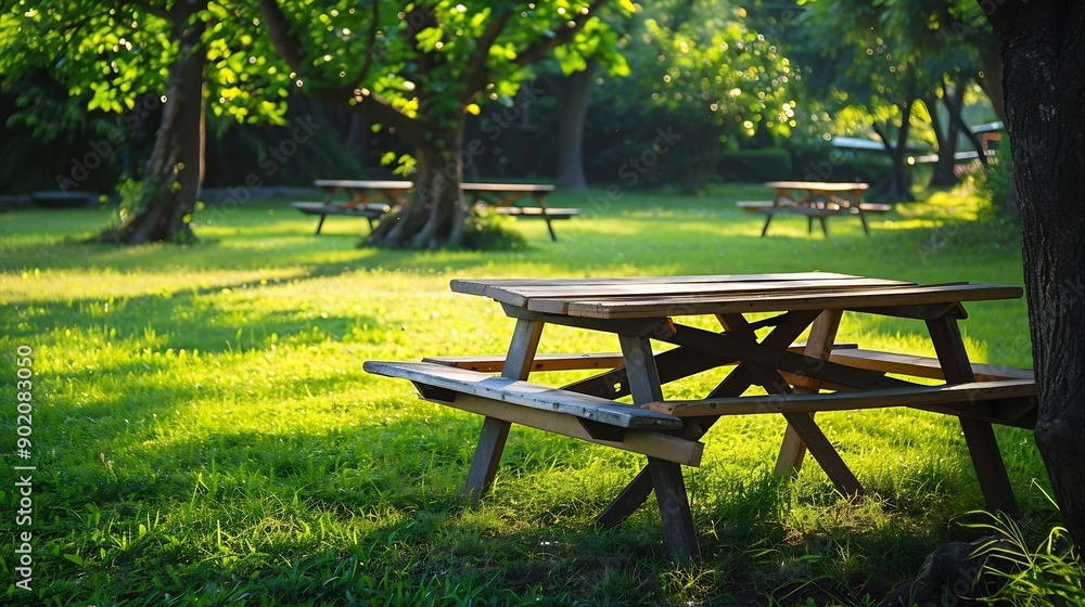 Poster park picnic table bench rest relax outdoors benches and tables on green grass in recreational area :