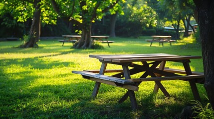 Naklejka premium Park Picnic table bench rest relax outdoors Benches and tables on green grass in recreational area : Generative AI