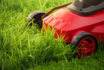 A red and black lawnmower on a background of green grass.
