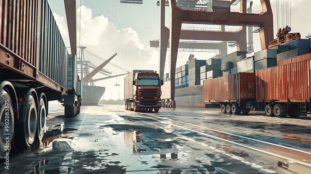 Poster Container truck in ship port for business Logistics and transportation of Container Cargo ship and Cargo plane with working crane bridge in shipyard logistic import export and transpor : Generative AI