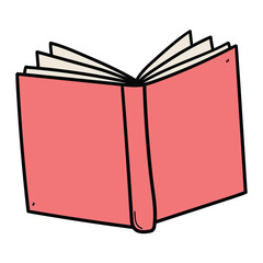 Hand drawn cartoon red open book on white background.