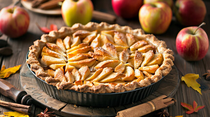 焼き上がった美味しそうなアップルパイをリアルに描いたAI生成画像
