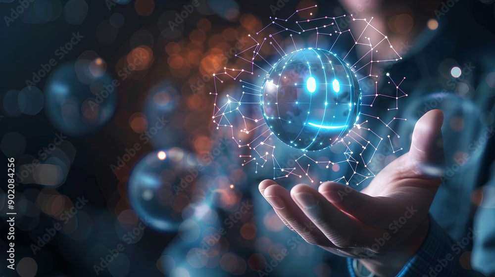 Poster chat with ai or artificial intelligence technology. man touching chatting virtual with an intelligen