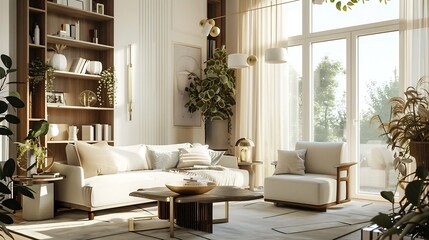 Fototapeta premium Interior of light living room with sofa shelving units and coffee table : Generative AI