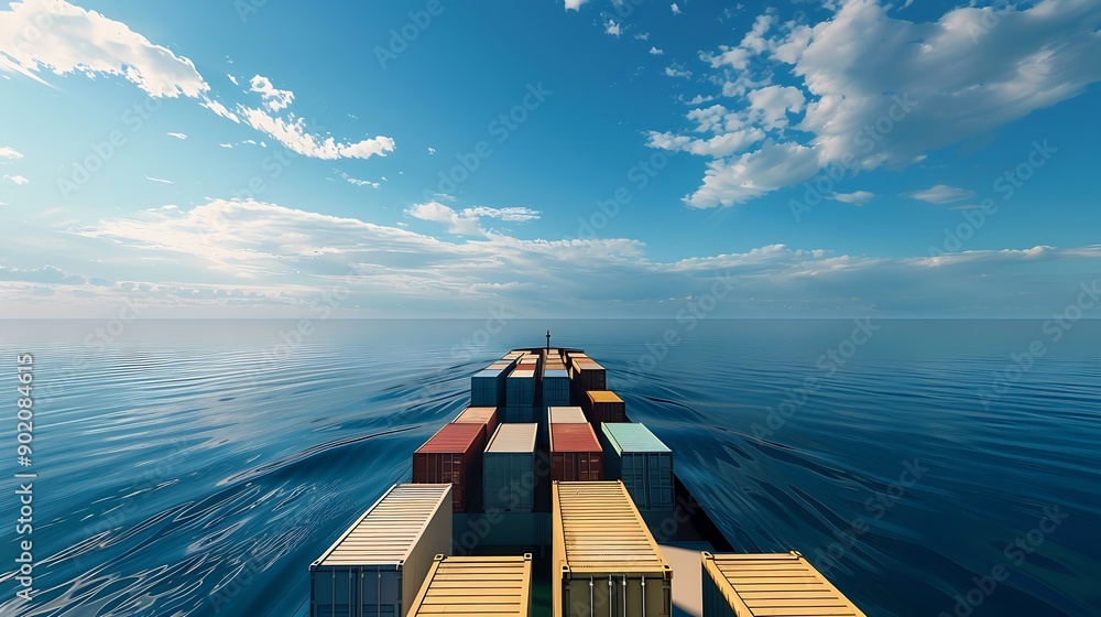 Poster view on the containers loaded on deck of the large cargo ship she is sailing through calm blue ocean