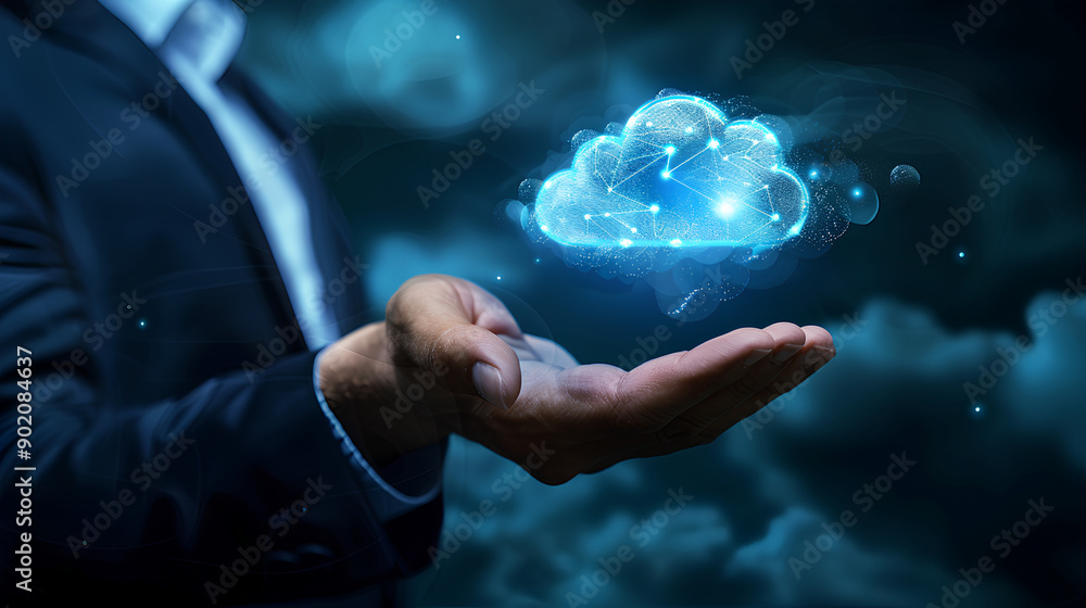 Poster cloud computing technology concept. businessman hand holding cloud computing icon network. download 