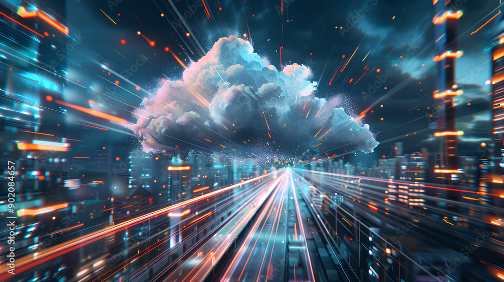 Poster cloud computing with a speeding train on a city background