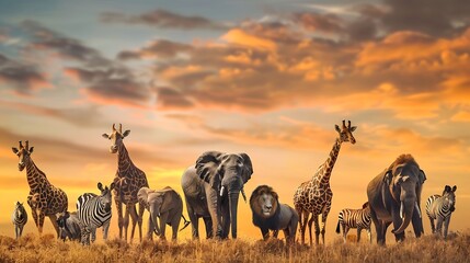 Group of safari African animals elephants rhino buffalo giraffe lion elephant leopard hyena zebra wildebeest and others stand together in savanna grassland with background of sunset sk : Generative AI