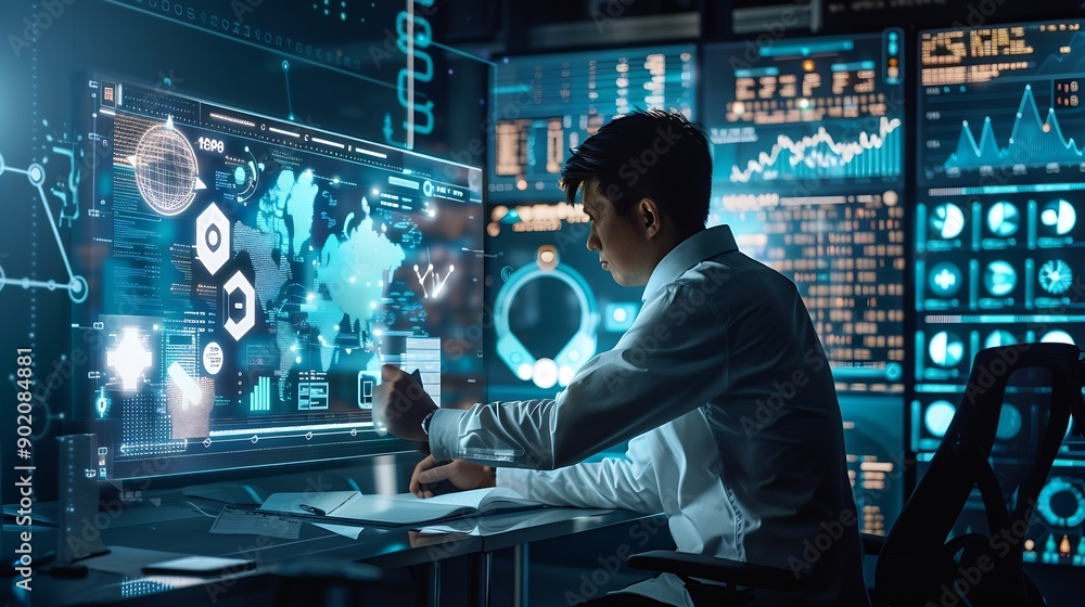 Fototapete Ai Businessman working with modern interface Business analytics Big data technology and data science Data flow conceptBusiness computing digital composite : Generative AI