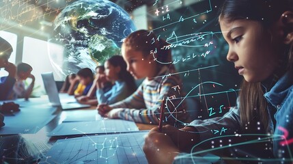 Image of mathematical equations over diverse schoolchildren writing Global education and digital interface concept digitally generated image : Generative AI