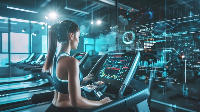 Image of data processing over caucasian woman on treadmill exercising in gym Global sports science computing digital interface and data processing concept digitally generated image : Generative AI - Powered by Adobe