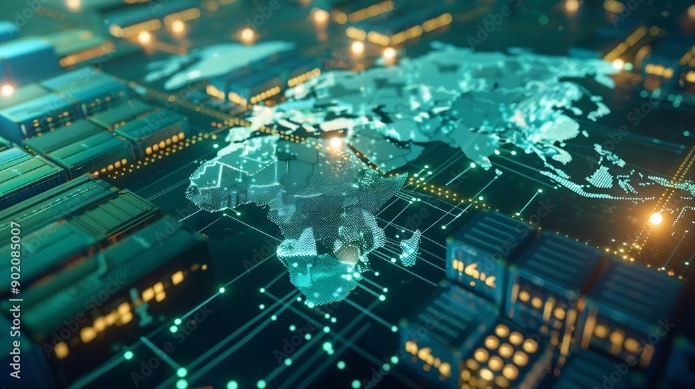 Poster World map with logistic network distribution on background Logistic and transport concept in front Container Cargo freight ship for Concept of fast or instant shipping Online goods ord : Generative AI