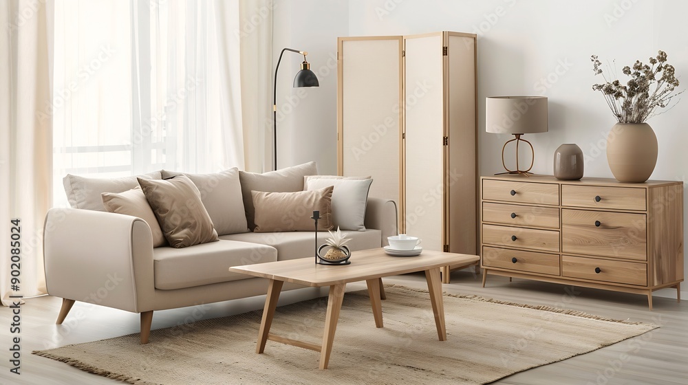 Poster light living room with folding screen comfortable sofa coffee table and chest of drawers : generativ