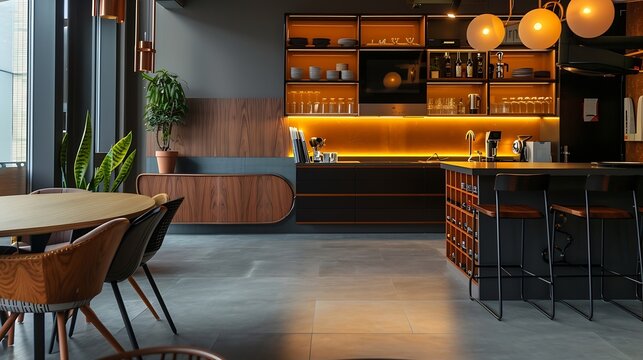 Interior design of interior design agency Area of the staff Kitchen plus zone for relax : Generative AI