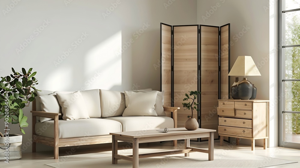 Poster light living room with folding screen comfortable sofa coffee table and chest of drawers : generativ