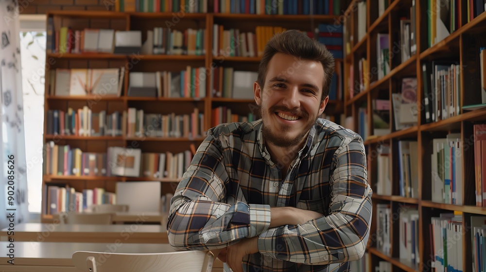 Poster Student man and happy with portrait in library for writing scholarship and studying for exam knowledge Gen z person and smile for learning education and research notes for university a : Generative AI
