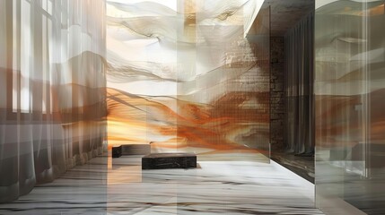 Modern Minimalist Interior with Sheer Curtains and Abstract Art