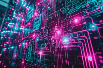 Obraz premium Vibrant digital circuitry with pink and green elements highlighting modern technology and innovative design