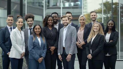 Cheerful smiling team of diverse business people in formal suit looking confident at camera with positive faces gathered outside the work building Happy corporate work team posing for  : Generative AI