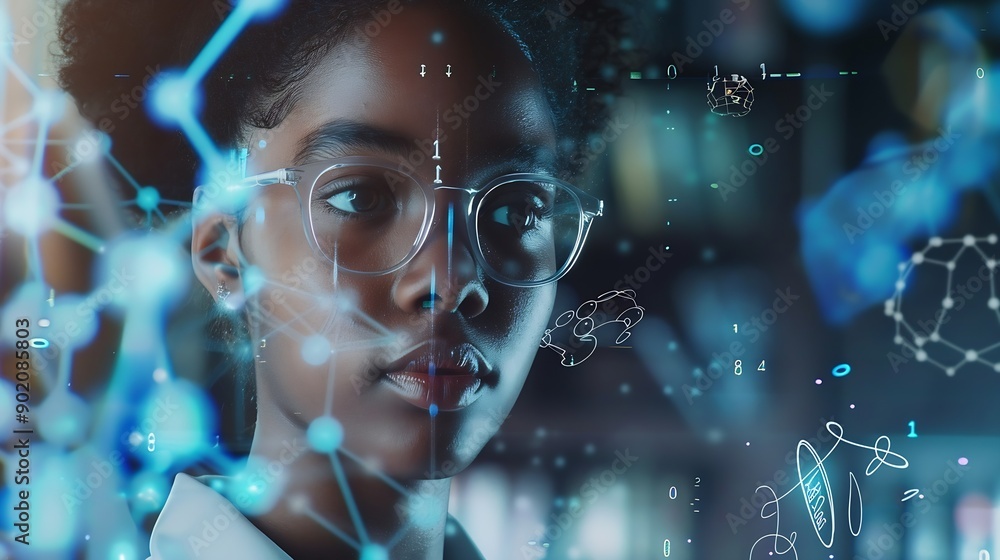 Fototapete Image of data processing and chemical formula over biracial schoolgirl global science data processing and digital interface concept digitally generated image : Generative AI