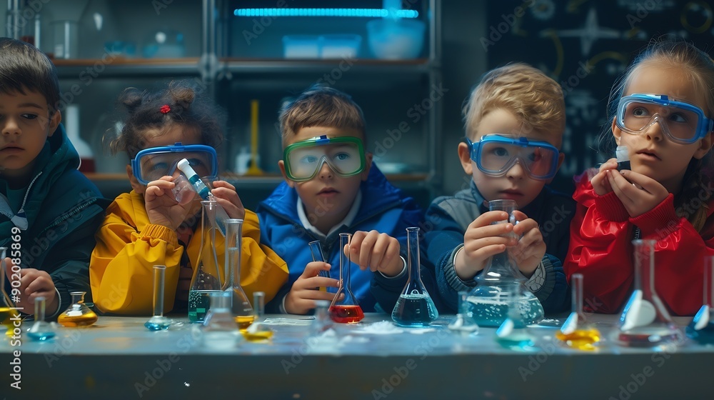 Poster elementary school students sitting behind a table in a group conducting a biology experiment for a s