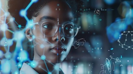 Image of data processing and chemical formula over biracial schoolgirl global science data processing and digital interface concept digitally generated image : Generative AI
