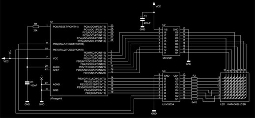 Schematic diagram of electronic device on sheet of paper. Vector drawing electrical circuit with microcontroller,
resistor, integrated circuit, capacitor, diode, led,
other components.