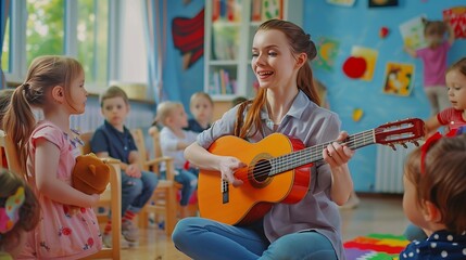 Caucasian young woman teacher playing guitar with students in school Adorable little children having fun enjoy education activity dance with instrument in classroom at preschool nurser : Generative AI