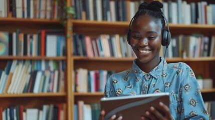 Smiling woman in headphones taking notes motivated interested student studying online using tablet and laptop watching webinar training or listening to lecture remote education concept : Generative AI