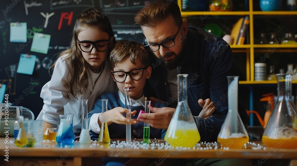 Poster science teacher and students in classroom with slime for experiment education and happy kid chemistr