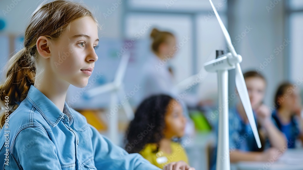 Poster Secondary Or High School Students Studying Wind Turbines In Science Class With Teacher In Background : Generative AI